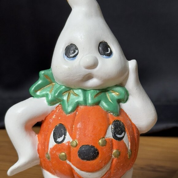 Vintage Ceramic Painted Ghost Pumpkin Jack O Lantern Kitsch Figurine Halloween - Picture 7 of 12